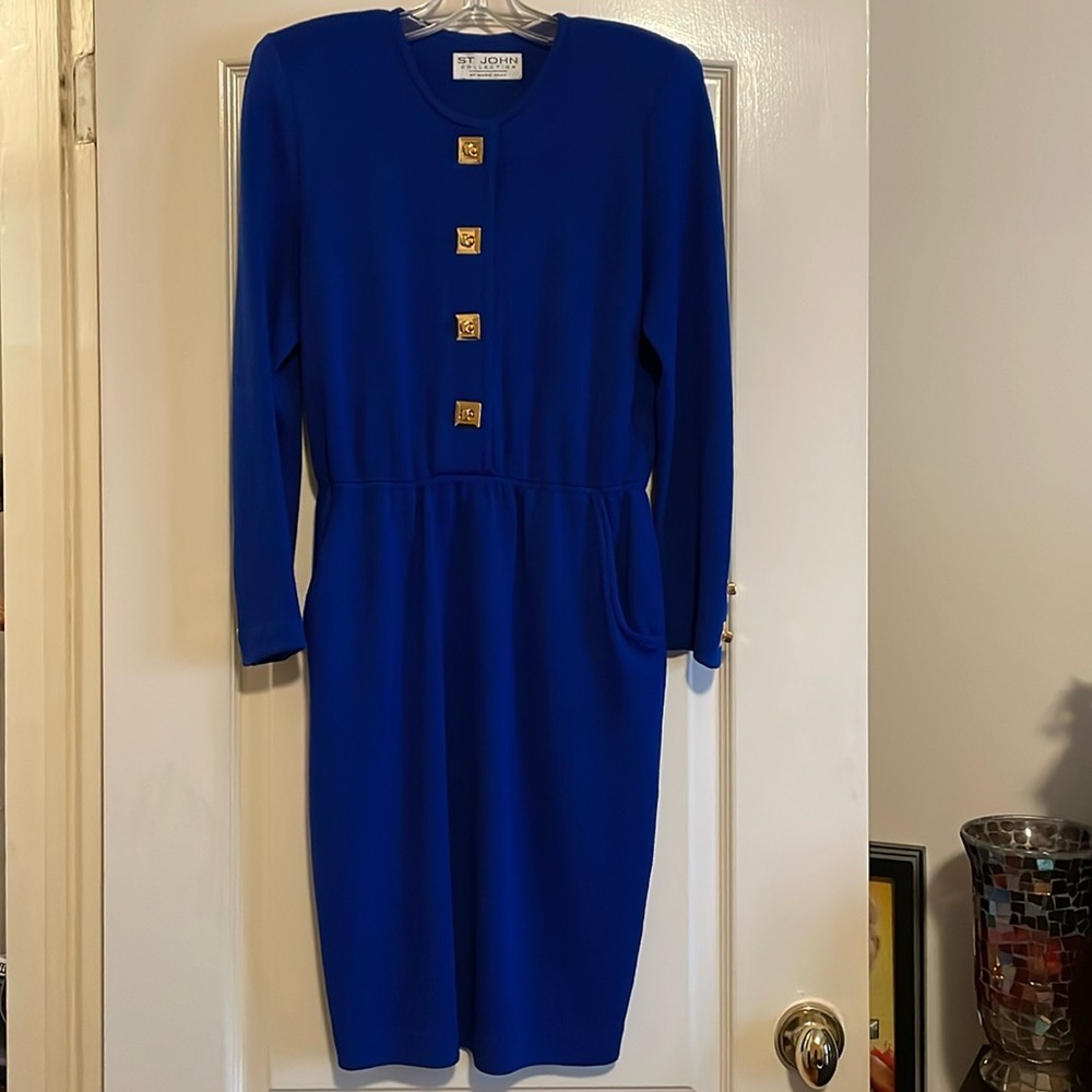 Vintage St. John Royal Blue Knit Dress with Gold Buttons & Suede Belt. Size 4.